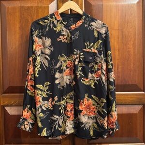 Vintage Carole Little Women Floral Mandarin Collar Button Down Tunic Top Size 14